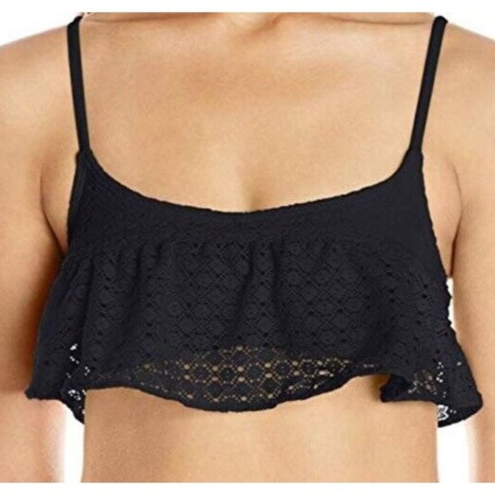 Roxy Womens Tank Style Bikini Top Large Black Crochet Flutter‎ BOHO Swimwear Bra